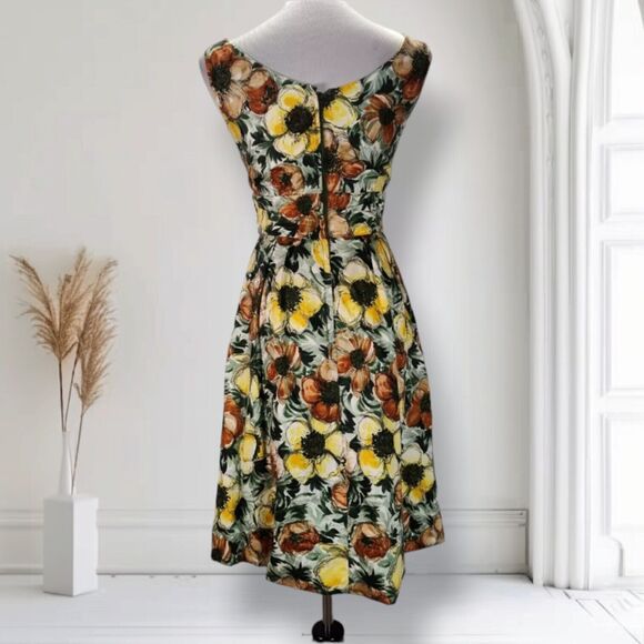 Vintage 50s Boat Neck Fit Flare Dress Size XS Yellow Brown Floral Print Sequin - Picture 4 of 16